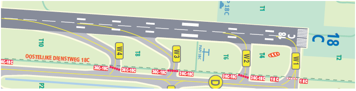 Baan 18C met de intersecties W1 en W4. Bron: Schiphol Amsterdam Airport Basiskaart, AAS
